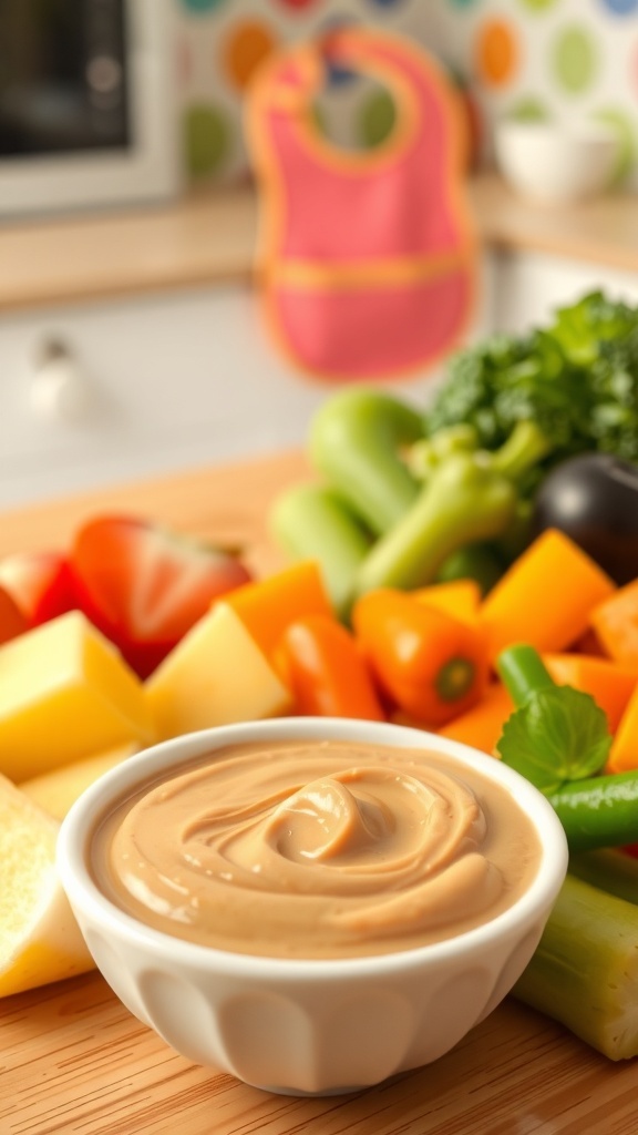 Smooth peanut butter in a bowl with pureed fruits and vegetables for baby food.